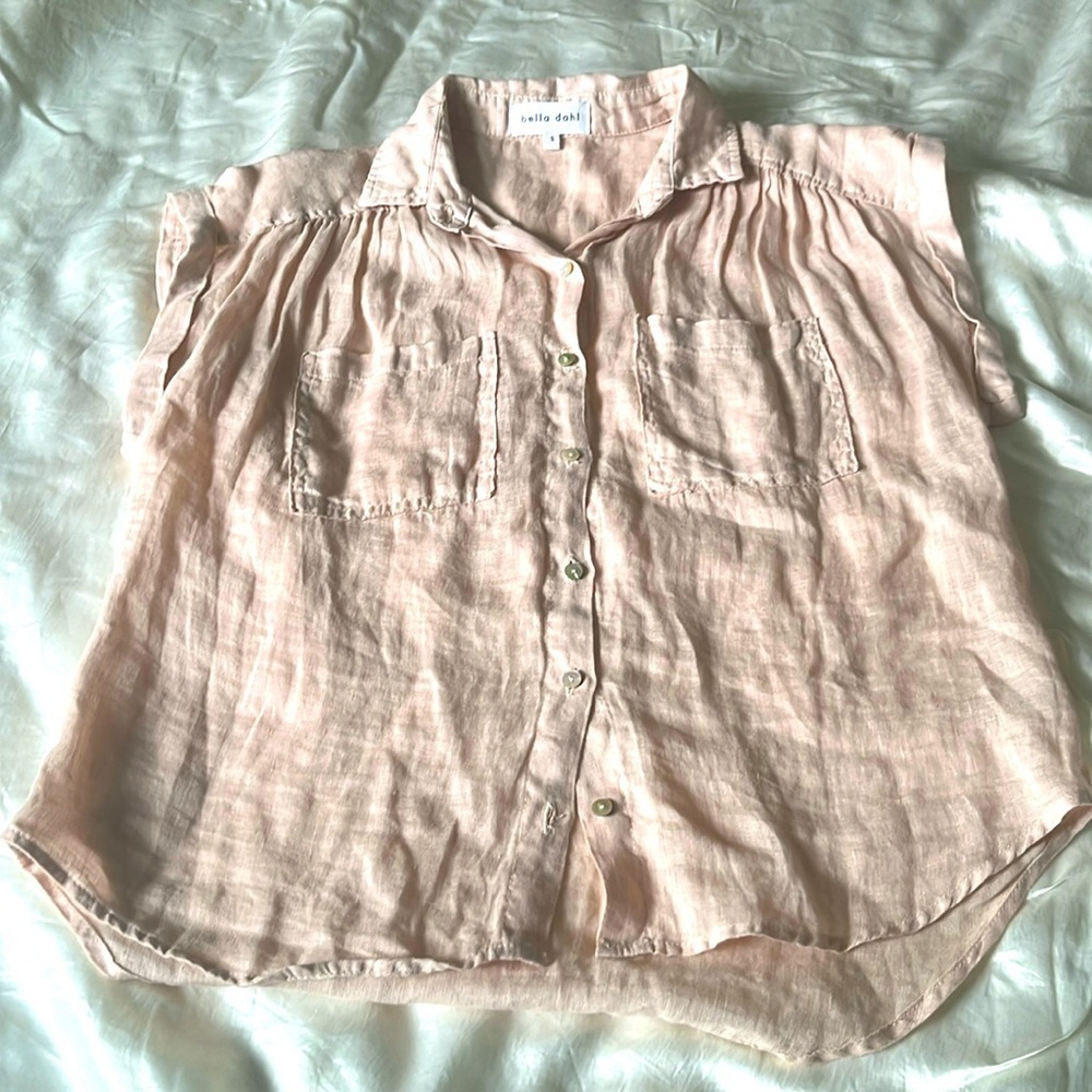 Bella Dahl Cap Sleeve Button Down shirt two pocket front pink - Picture 2 of 9